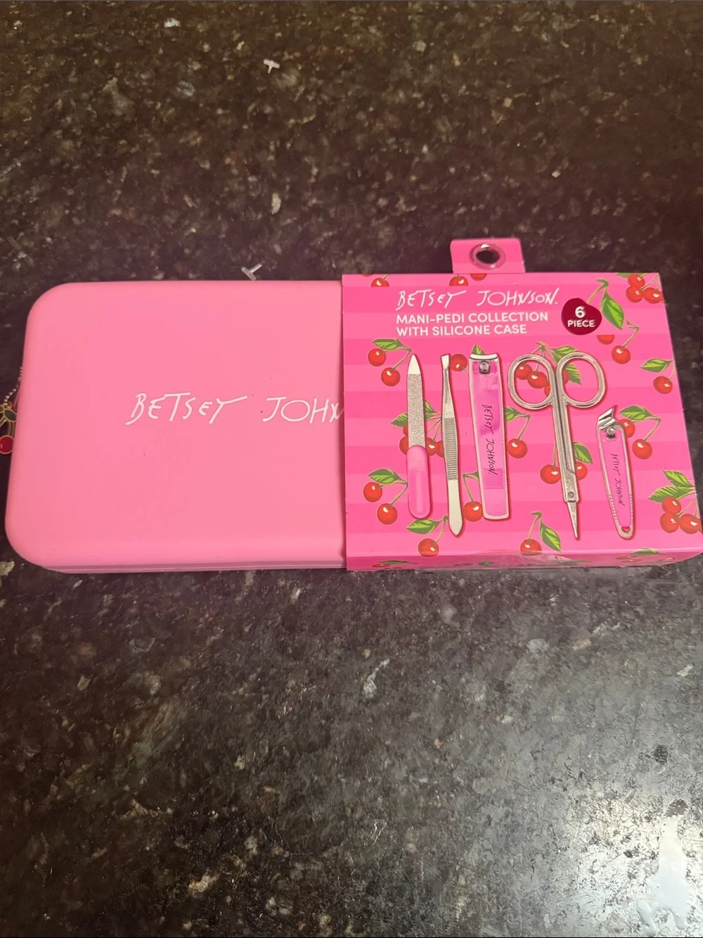 Betsey Johnson Pink Cherry Mani-Pedi Set in Pink Silicone Case